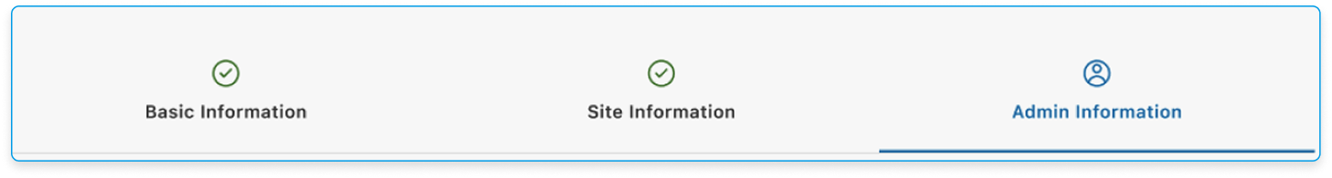 Basic information, Sites, and Admins steps