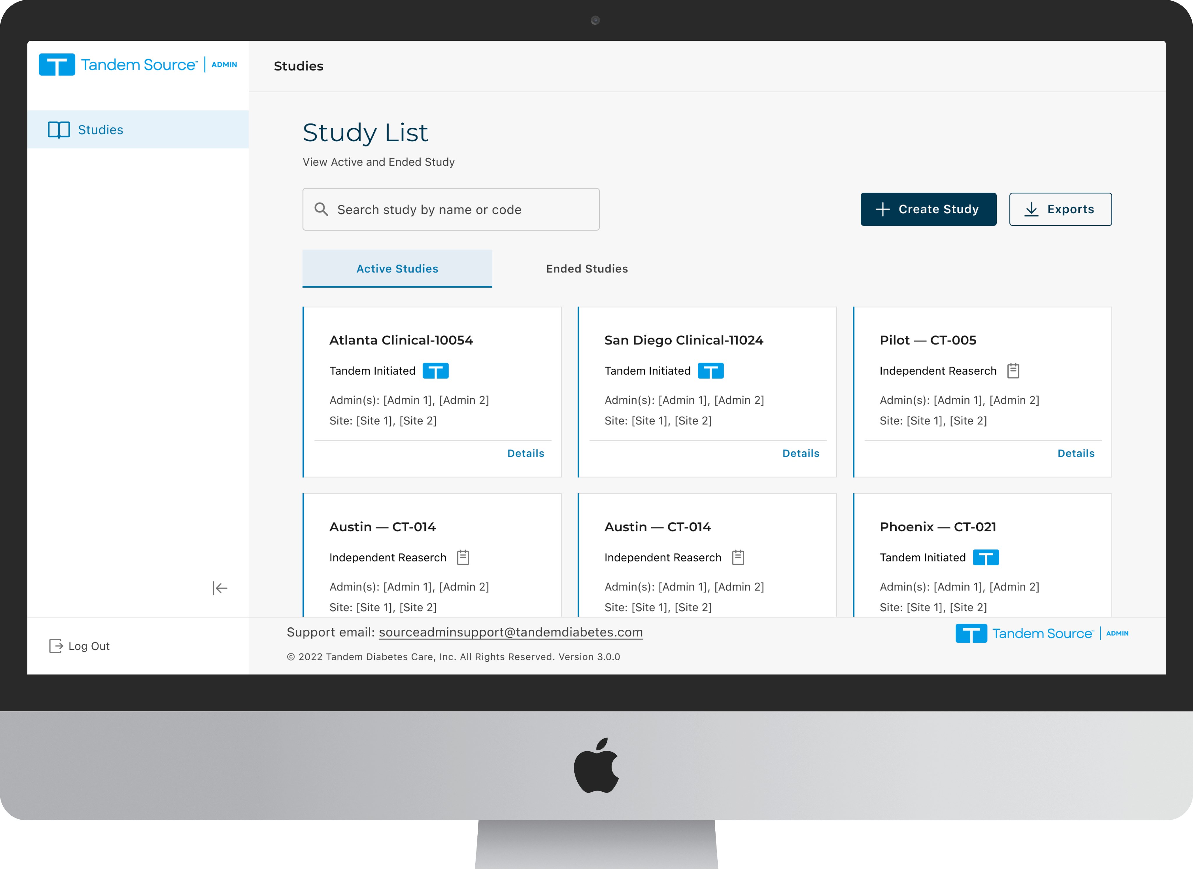 Tandem Source Admin workspace with active clinical studies