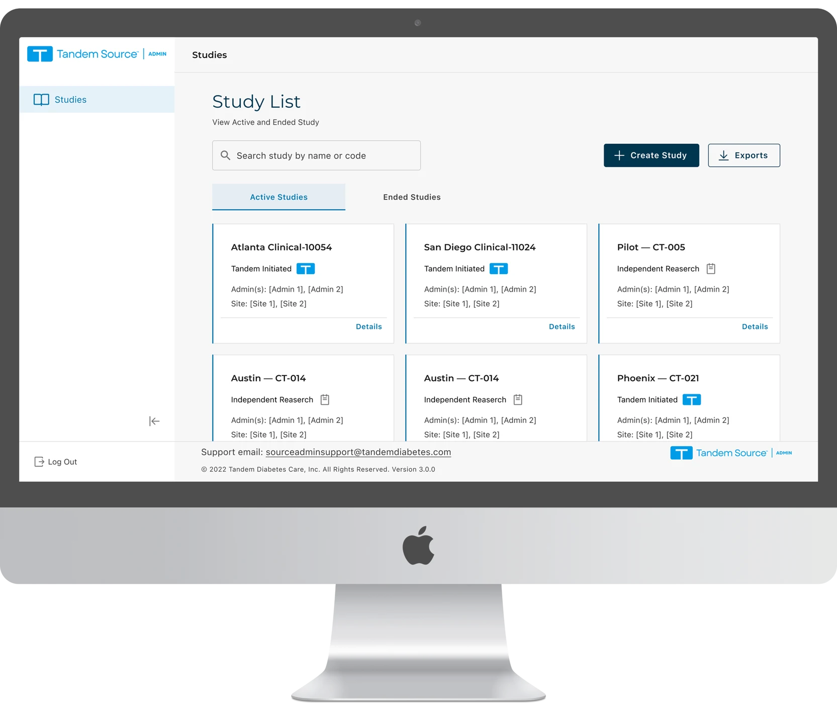 Tandem Source Admin study list with active study cards and study creation controls